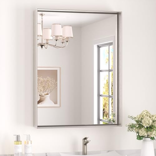 Keonjinn 32 Inch x 24 Inch Brushed Nickel Bathroom Mirror - Over Sink Aluminum Frame