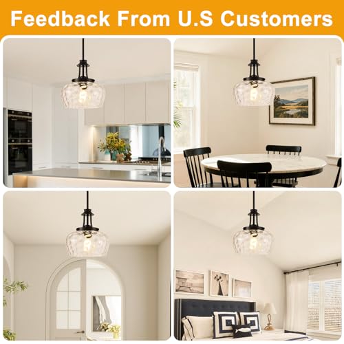 1 Pack Matte Black Pendant Light with 10-Inch Clear Hammered Glass Shade for Kitchen Island & Dining Room - Adjustable Height