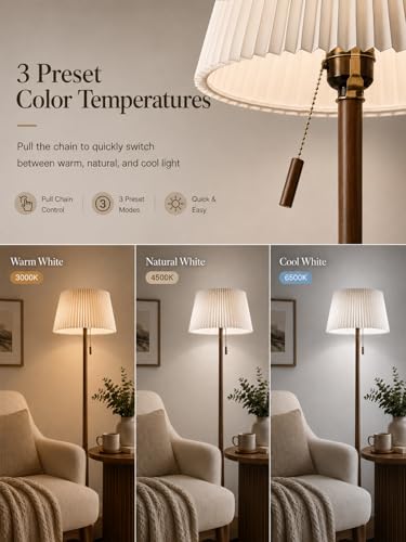 MOFFE Mid Century Modern Wood Floor Lamp with Remote & Amber Pull Chain, 2 Shades