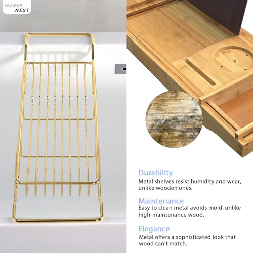 Bathtub Tray Caddy for Luxury Bath Expandable Extra Wide Bath Tub Tray with Natural Marble Tray and Mobile/Tablet Stand, Ideal for Home Spa Lovers (Gold + Black)