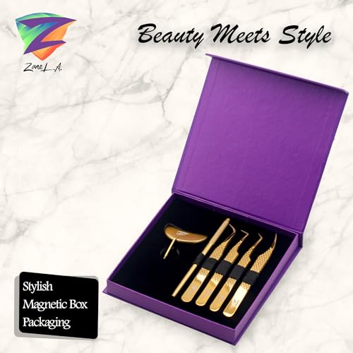 Zane L.A. Nano Fiber Tip Professional Eyelash Extension Tweezers, a pack of 4, Quality tweezers made with Japanese Stainless Steel, includes Stylish Half Moon Mirror. (Gold)