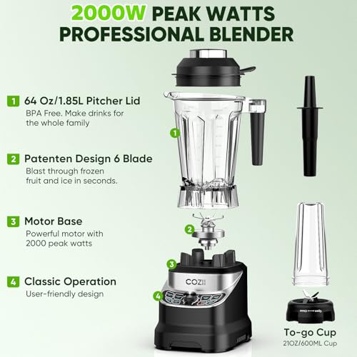 COZII Black 2000W Professional Countertop Blender with 64oz Pitcher & 21oz To-Go Cup