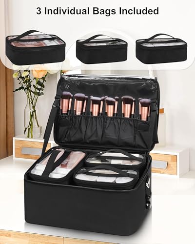 Large Makeup Bag Organizer with Adjustable Dividers - Black, Professional Cosmetic Storage Case