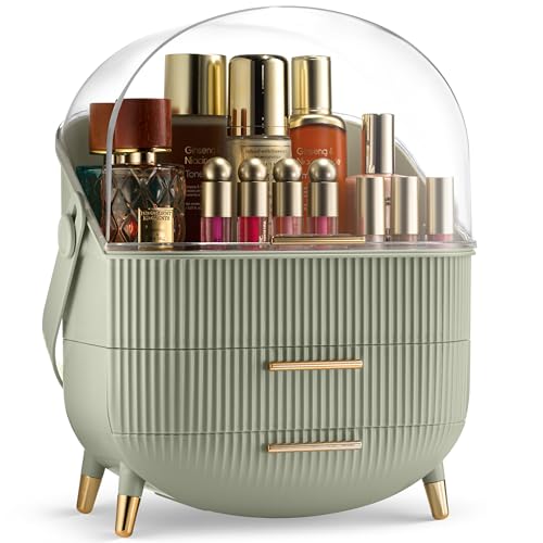 Large Clear Makeup Organizer with Lid & Drawers - Green Variation of Trendy Oval Storage