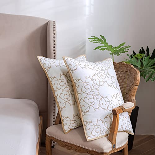 Queen Size Reversible Cotton Blend Quilt Set with Embroidery & Pillow Shams - Beige, Full/Queen