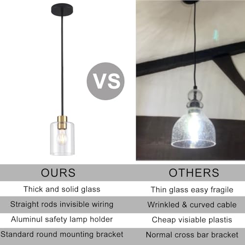 KLSS Black Brass Pendant Lights for Kitchen Island - 2 Pack, Clear Glass, 12 & 4 Inch Stems