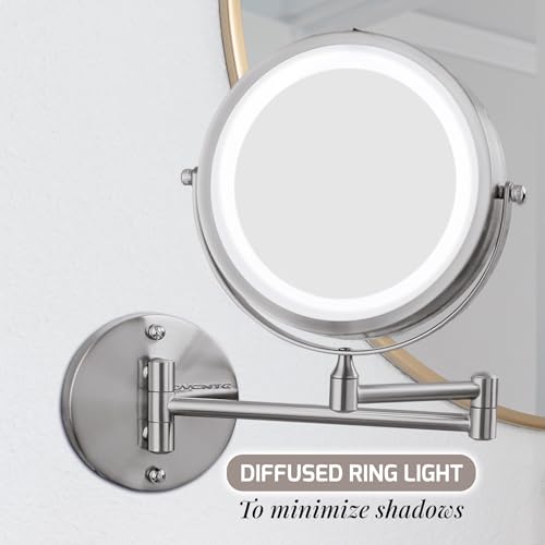 OVENTE Wall Mounted Lighted Makeup Mirror, 7" Double Sided 1X/10X Magnifying Vanity Mirror for Bathroom with LED Lights, Cordless, 360¡Æ Rotation and 13" Extendable Arm, Nickel Brushed MFW70BR1X10X