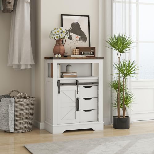 Panana Farmhouse White Bathroom Floor Cabinet with Sliding Barn Door & 3 Drawers