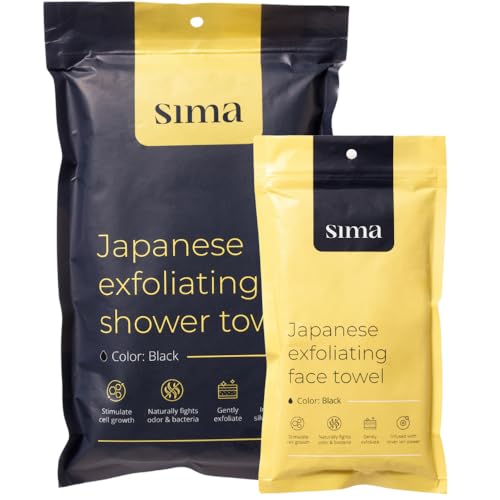 Sima - Bundle - Exfoliating Towels - Body Towel + Face Towel. Japanese Exfoliating Towel with Hexagon Fibers, Exfoliating Body Scrubber with 2 Sides for Scrubbing & Washing