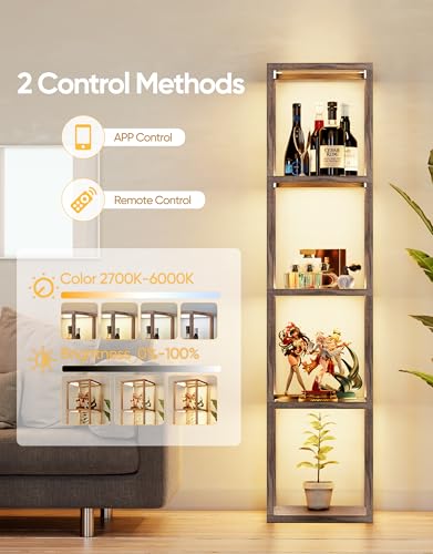 PARTPHONER Glass Display Shelf Floor Lamp with Remote & App Control - Dimmable LED Oak Gray