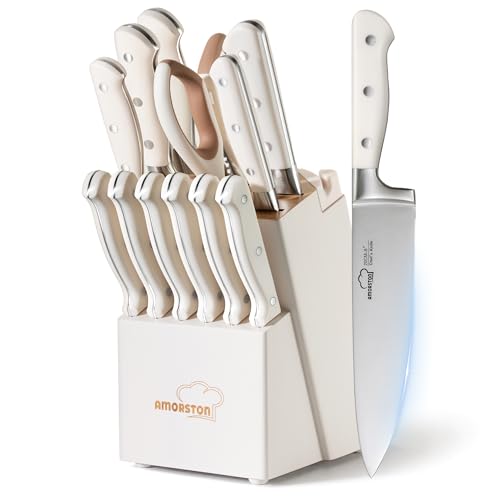 14-Piece Kitchen Knife Set with Block and Sharpener - Full Tang German Stainless Steel, Ergonomic Handles, Dishwasher Safe