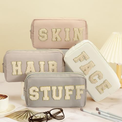 Preppy Makeup Bags Set - Chenille Letter Nylon Cosmetic Pouch Cases with Zipper, Apricot Color, Classic Style, 4 Pieces