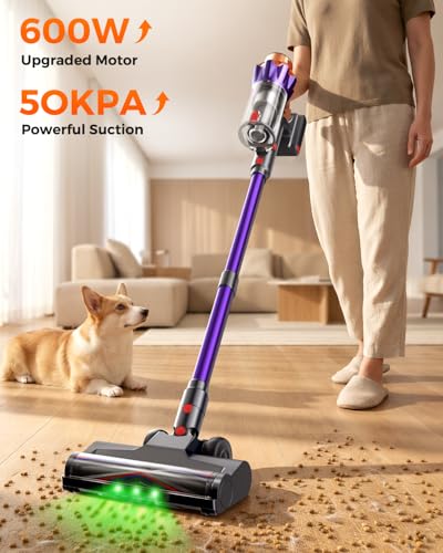 Purple Cordless Vacuum Cleaner for Home 600W Suction 60Min Runtime Light Stick