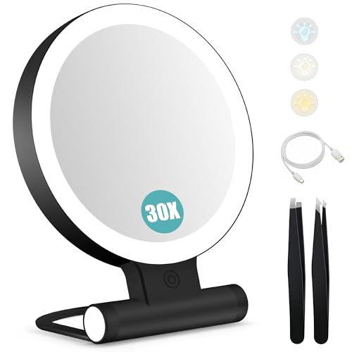 Black Magnifying Makeup Mirror with Light 30X Double-Sided Foldable Travel Mirror