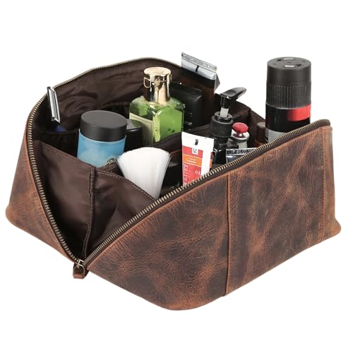 KomalC Luxury Leather Men¡¯s Toiletry Travel Bag ? Handmade Shaving Kit with Waterproof Interior, Spacious Storage & Carry Handle ? leather travel Kit Bag for Men & Women