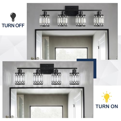 Black 4-Light Modern Crystal Bathroom Vanity Wall Light Fixture - ETL Certified