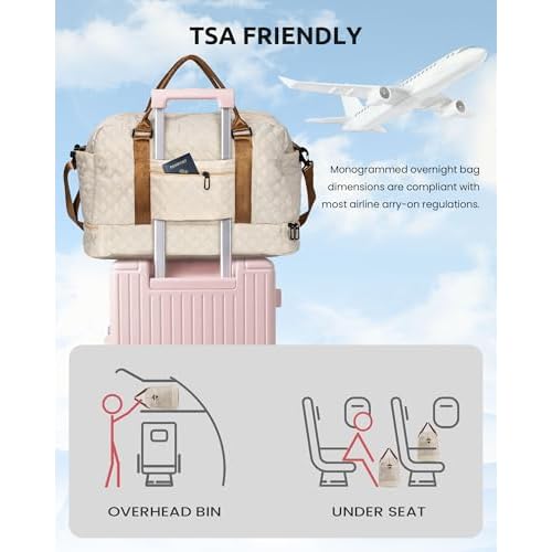 Initial Duffle Bag with Shoe Compartment, Personalized Weekender Bag, Monogram Overnight Bag for Women with Trolley Sleeve & Wet Pocket, Letter Travel Bag with Makeup Bag (Letter K)