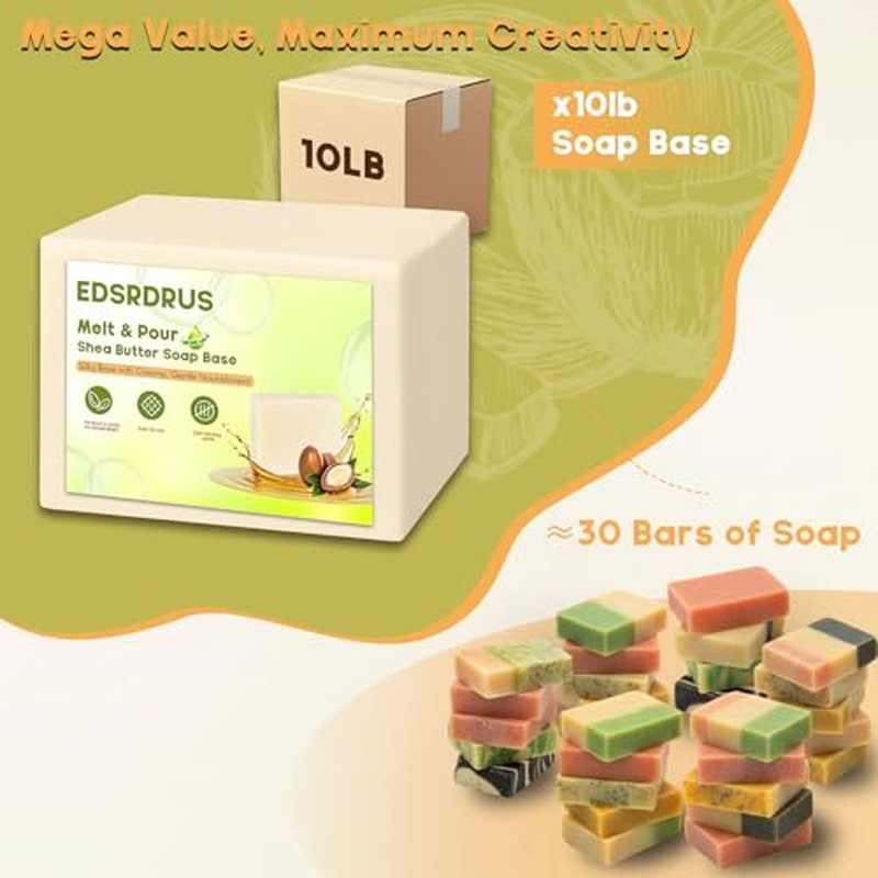 EDSRDRUS 10lb Unscented Melt and Pour Soap Base, Fragrance-Free Glycerin Soap Making Supplies for DIY Crafting ? Smooth Melt, Rich Lather, Moisturizing (Shea Butter, 10 Pound)