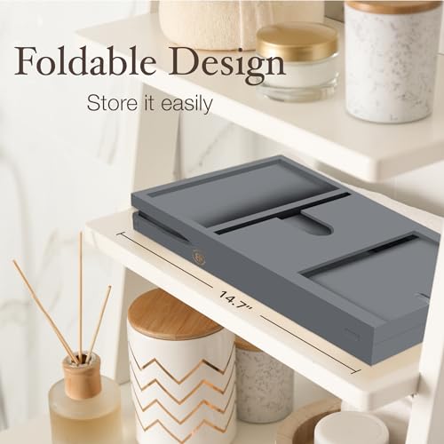 Wooden Bathtub Tray - Foldable and Expandable Bamboo Bath Tray for Tub with Wine Holder, Book & Tablet Stand - Bath Caddy Tray for Bathtub, Bath Accessories, Tub Tray Table, Gift Idea (Charcoal Grey)