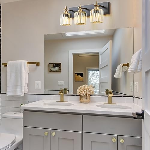 HUOKU Black Gold Round Shade 3-Light Crystal Bathroom Vanity Light Fixture