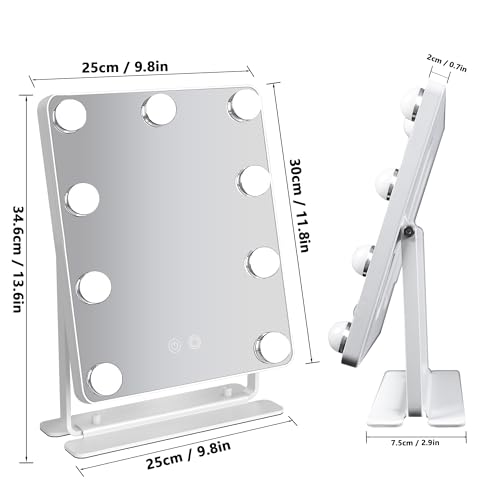 Hollywood Vanity Mirror with Lights 9" x 11", Lighted Makeup Mirror with 10X Magnification & 9 LED Bulbs Dimmable, 3 Colors Modes, Touch Control, Plug in Vanity Mirror with Lights, White