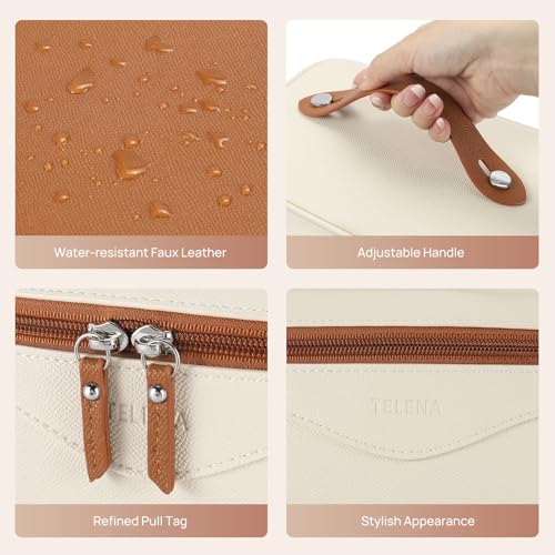 Large Travel Makeup Bag for Women - Vegan Leather, Beige & Brown