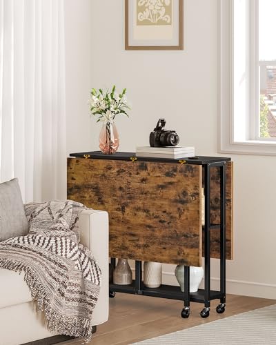 Rustic Brown Folding Dining Table with Wheels & 2-Tier Shelf - Expandable Kitchen & Living Room Furniture