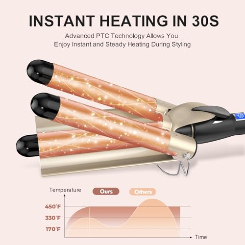 AIMERVO 1.25 Inch Hair Waver for Loose Waves, 3 Barrel Curling Iron, Adjustable Heat, Ceramic Styling Tool