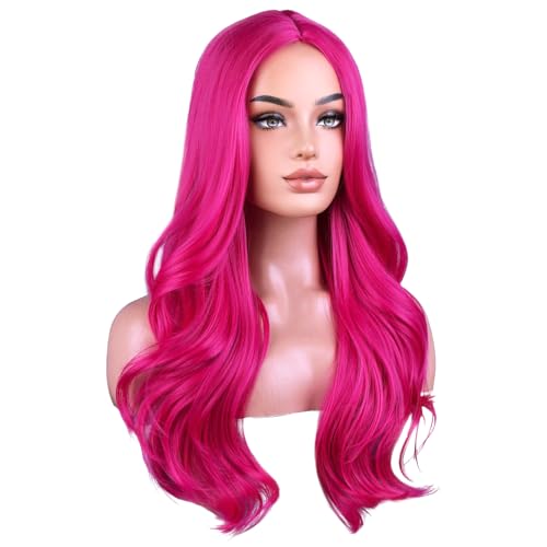 BERON Rose Red Long Curly Wavy Wig for Women Girls 24 Inch Heat-Resistant Synthetic Fiber