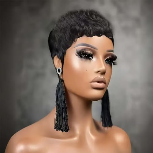 ShowReal Short Wavy Pixie Cut Human Hair Wig - Black, Glueless, Model 9047-1B