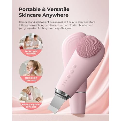 Facial Cleansing Brush & Massager, 2 in 1 Facial Skin Scrubber Waterproof and Rechargeable Face Scrub for Deep Cleansing Vibrating Exfoliator Scrubber Skin Care with 7 Modes, Gentle Exfoliating - Pink