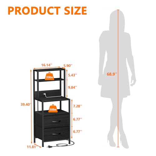 Furnulem Night Stand with 4 Shelves, 2 Fabric Drawers, Black Oak, 2 Drawer - Tall Bedside Table with Charging & LED Lights