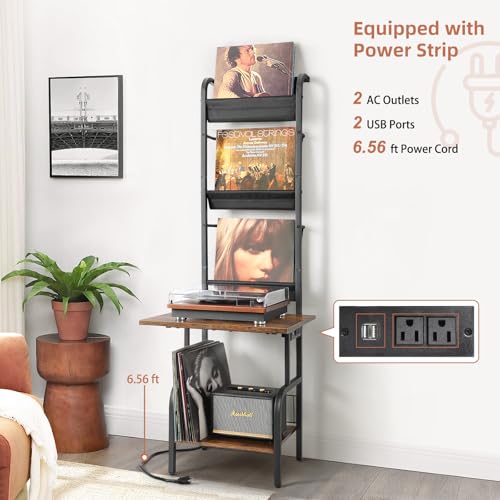 Record Player Stand with Power Outlet & Vinyl Storage - Black & Brown