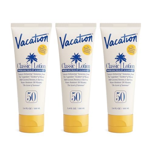 Vacation Classic Sunscreen Lotion SPF 50, Water-Resistant, Lightweight, Transparent on All Skin Tones, Dermatologist-Tested, Vegan, Travel Size, 3.4 Fl. Oz. (Value Pack of 3)