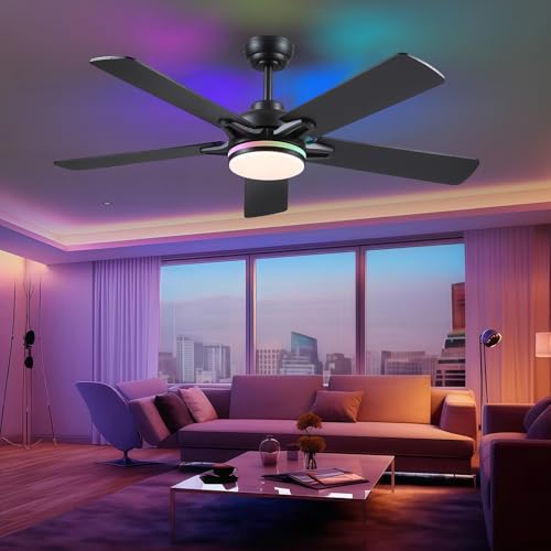 52 Inch Ceiling Fan with RGB Lights - Modern Black Indoor Outdoor Fan with Remote & App Control