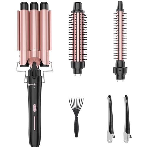 3 in 1 Curling Iron Set with Rose Gold Wand - Includes 0.5-1 Inch Barrel & Crimper