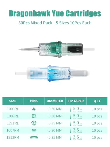 Dragonhawk Yue Tattoo Cartridge Needles 50pcs Assorted Sizes for Professional Tattooing