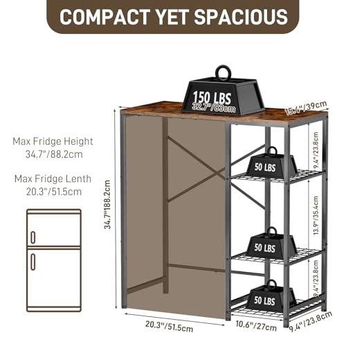Mini Fridge Stand with Storage Shelves - Black & Rustic Brown 3-Tier Microwave Rack for Dorm Apartment Kitchen Office