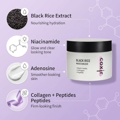 coxir Black Rice Moisturizer Face Cream, Hydrating Korean Moisturizer with Niacinamide, Collagen & Peptide Complex, Radiance, Barrier Support, Lightweight Non-Greasy(1.69 fl oz)