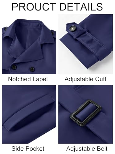 Men's Navy Blue Trench Coat Long Windproof Jacket with Belt - Large