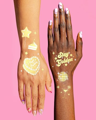 Gold Temporary Tattoos Pack of 3 - 50 Styles for Birthday Party Favors, Girl Celebration, Fun Accessories - Medium