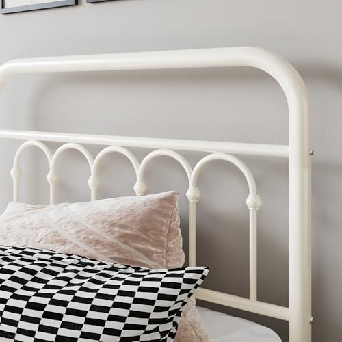 Twin Size Metal Platform Bed Frame with Headboard - Cream, Victorian Style