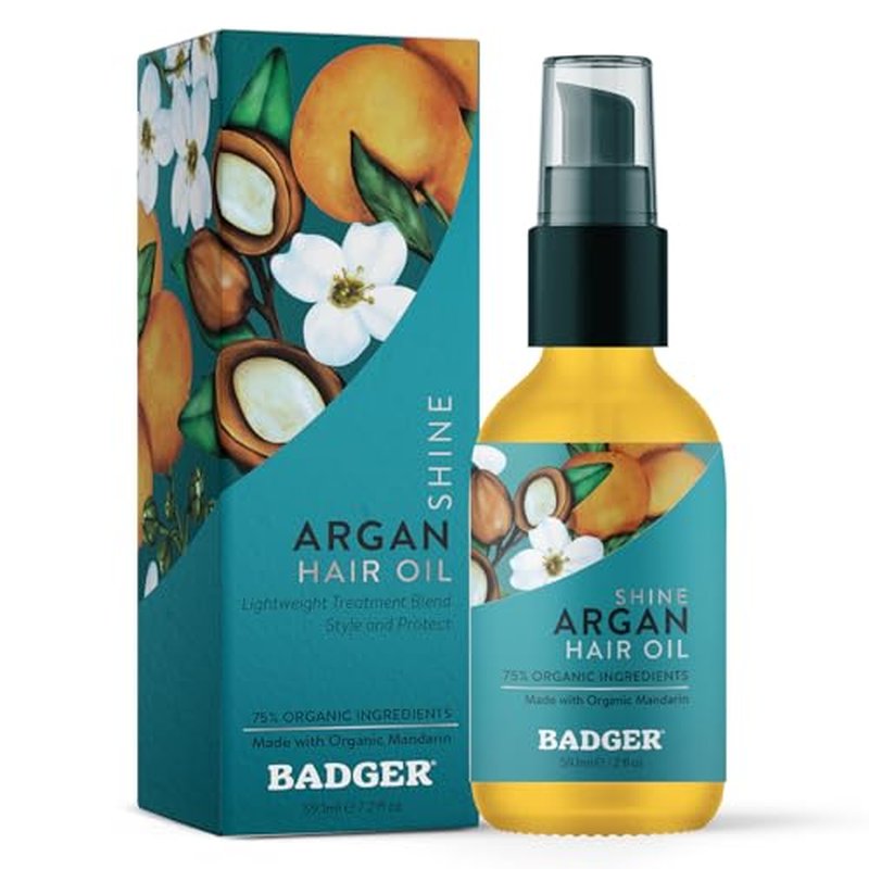 Badger Organic Argan Hair Oil, Restore a Healthy Shine to Dry Brittle Hair, Organic Moroccan Argan Oil Hair Moisturizer/Hair Serum, 2 fl oz Glass Bottle