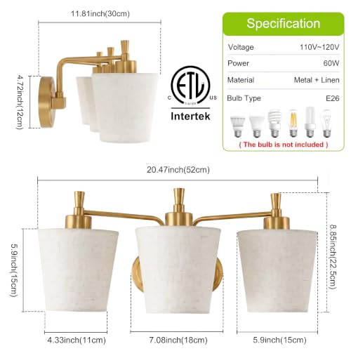 Deyidn Gold Brushed Bathroom Light Fixtures 3 Lights with Linen Shade - Modern Vanity Lighting