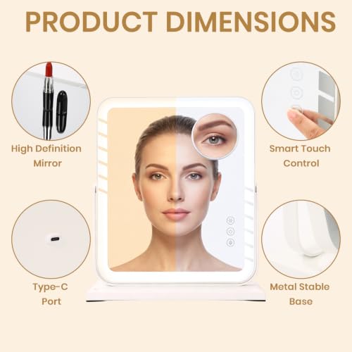 Square Lighted Makeup Mirror with Brightness & Color Adjustment - White Desk Vanity with 10x Magnifier