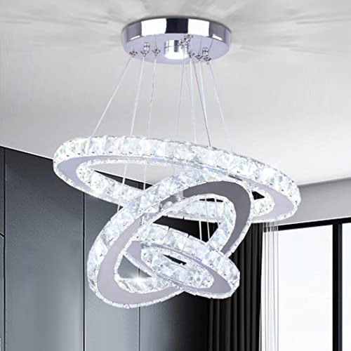 3-Ring LED Crystal Chandelier for Dining Room - Silver, Cool White, Adjustable Height