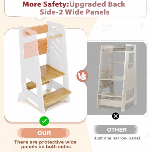 Toddler Kitchen Tower Step Stool with Sliding Panel - White, 3-Level Adjustable & Safety Features