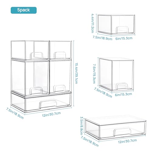 Stackable Storage Drawers Set of 8 - Clear Plastic Organizer Bins with Handles & Non-Slip Feet - Includes 4 Small, 2 High, 2 Wide