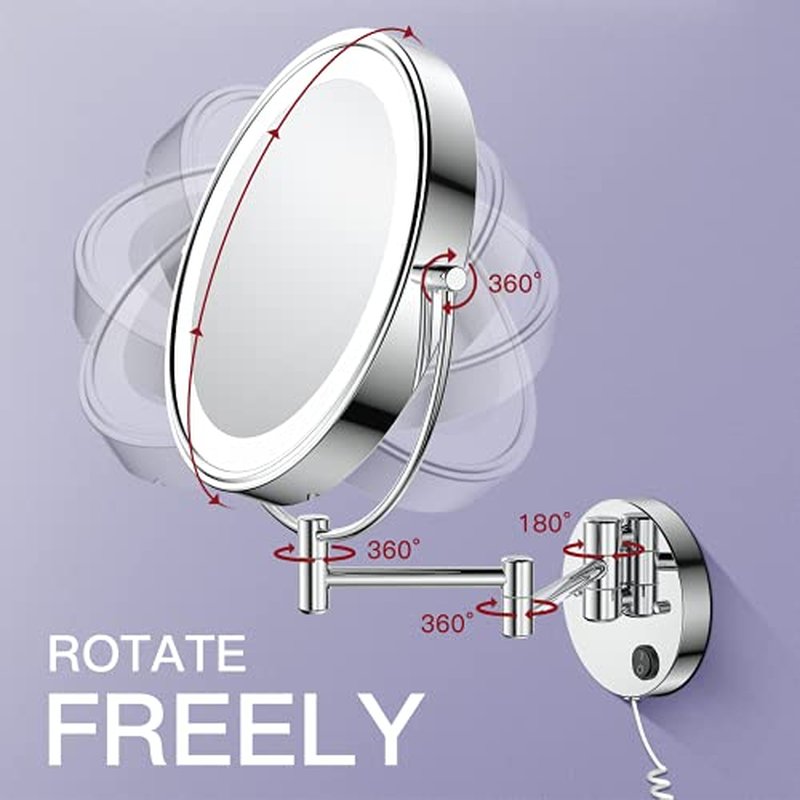 Benbilry 9" Large Size Wall Mounted Lighted Makeup Vanity Mirror, 1X/10X Magnifying 2-Sided AC Plug-in Powered Bathroom Mirror, 360¡Æ Swivel 13 Inch Extendable Arm, Chrome