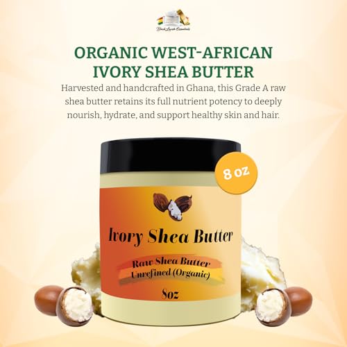 Organic West-African Ivory Shea Butter, Raw & Unrefined Grade A Shea Butter, DIY Ingredient, Moisture-Rich Skin & Hair Butter, Fast Absorbing, 8 oz Jar